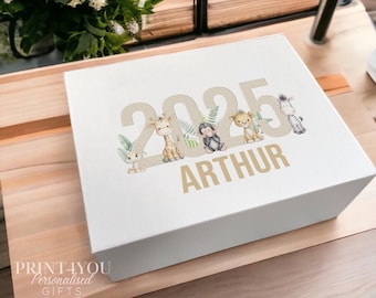 Personalised Safari Animal Keepsake Box: Baby Memory Gift, Magnetic Closure
