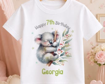 Personalised Koala Birthday T-Shirt, Name and Age Koala Tee, Kids Animal Party Top, Boys Girls Birthday Outfit, Baby to Adult