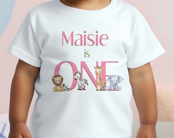Personalised Safari First Birthday T-shirt, I am One, Sleepsuit, Vest or T-shirt, Pink Text