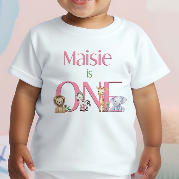 Personalised Safari First Birthday T-shirt, I am One, Sleepsuit, Vest or T-shirt, Pink Text