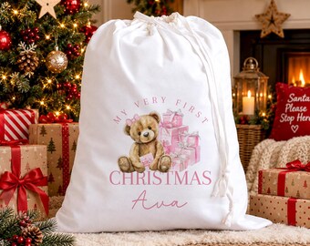 Personalised My Very First Christmas Sack, Teddy Bear & Pink Presents Design Xmas Gift Bag, Baby Girl Santa Drawstring Sack