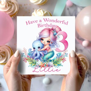 Carte d'anniversaire personnalisée sirène, carte de premier anniversaire, 6 x 6 po. Carré blanc, carte pour enfants, carte de voeux pour fille, soeur, amie