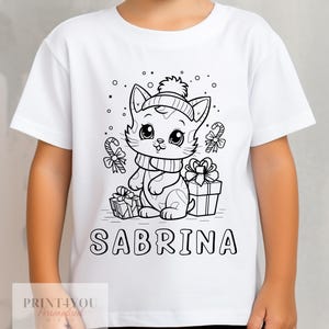 Personalised  Christmas Cat Colour In activity Kids T-shirt - with washable pens - stocking fillers, Christmas Eve Box, Gift from Elf