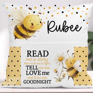 Personalised Bee Book Cushion: Children's Velvet Bedtime Story Pillow