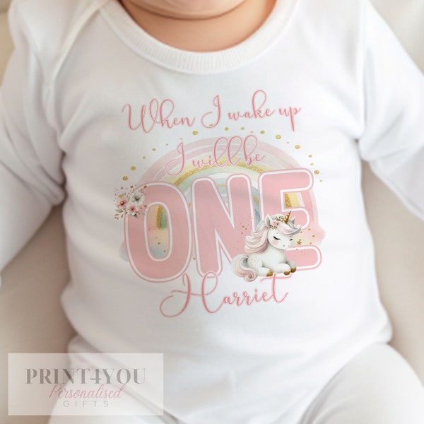 Personalised When I Wake Up I Will Be One Sleepsuit and vest, Unicorn Rainbow First Birthday Outfit.