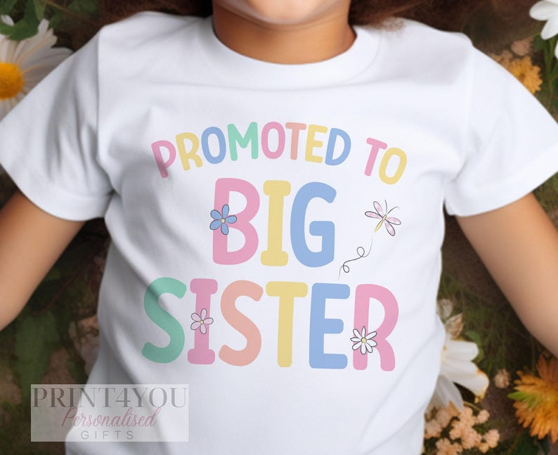 Big Sister T-Shirt - Personalised Pastel Heart Kids Tee - Soft Cotton Fabric, White Top, Pregnancy Announcement Wear image 5