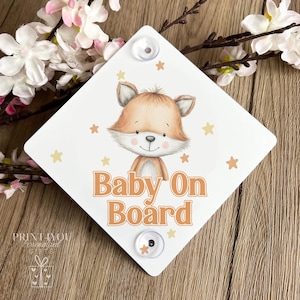 Cute Fox Baby On Board Sign | Metal Car Sign for Baby Safety | 15x15cm Animal Warning Plaque | Baby in Car Sign with Suction Cups