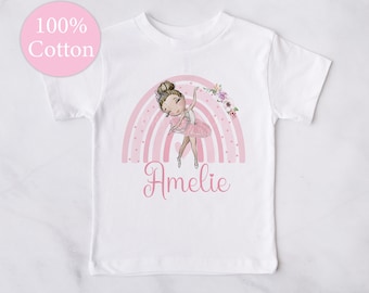 Children's White Cotton Personalised T-shirt - Pink Rainbow with Ballerina Dancer