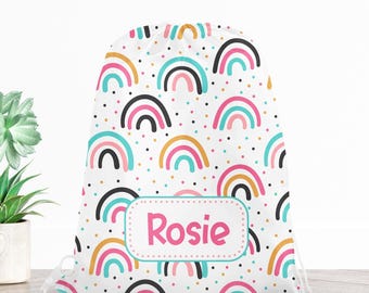 Personalised Colourful Rainbows Bag, Childrens School PE Bag, Kids Drawstring Bag, Swim Bag, Personalised with any Name