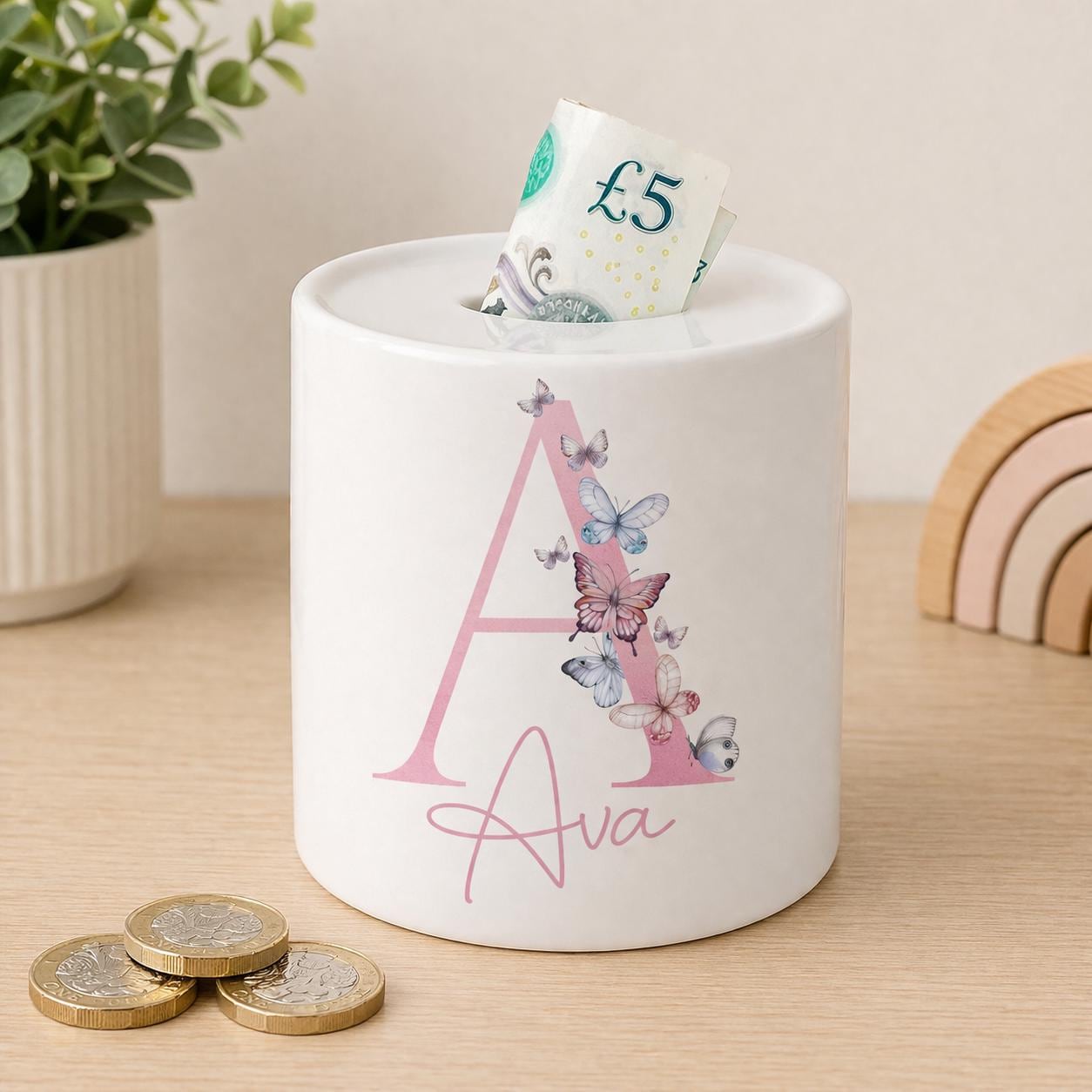 Salvadanaio In Ceramica Personalizzato Con Nome E Data - Arcobaleno E Farfalla - Regalo Nascita, Battesimo O Compleanno (Blu)