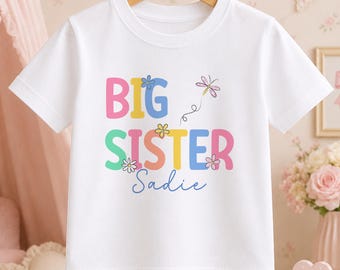 お姉ちゃんTシャツ（名前入り）、妊娠発表、兄弟姉妹誕生Tシャツ、お姉ちゃんになるお祝いギフト、フラワーデザイン