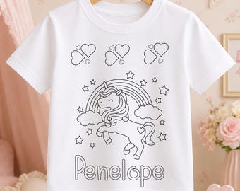 Colour Your Own Unicorn T Shirt Personalised with Name, Colouring In Tee Kids Craft Activity, Rainbow Unicorn Party Gift