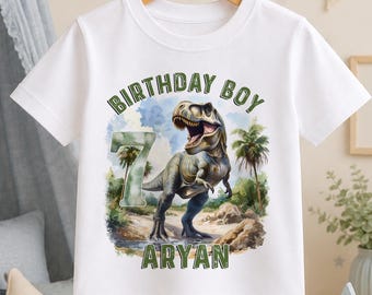 Personalised Dinosaur T-Rex Birthday Boy T-Shirt, Custom Name Year Dino Party Tee