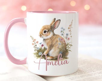 Personalised gift mug, Pink Handle Mug, Gorgeous Bunny Rabbit and Flowers, Easter Gift Ideas