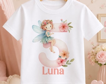 Personalised Fairy Birthday T-Shirt, Custom Name, Age, Cotton, DTG Printed