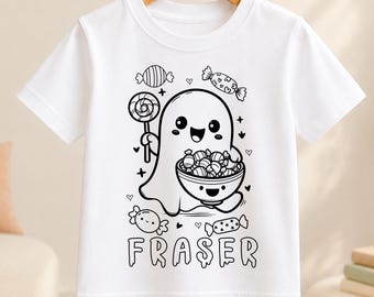 Personalised Halloween Colour In activity Kids T-shirt - with washable pens - Scary Ghost ND3
