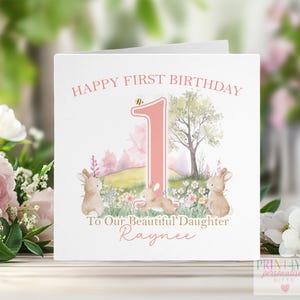 パーソナライズされたウサギの1歳の誕生日カード、最初の誕生日カード、子供向けカード、娘、孫娘、姪へのグリーティングカード
