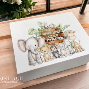 Baby Keepsake Box Personalised Gift, Safari Jungle Design (Medium-Large, Magnetic Closure, White Cardboard)