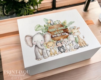 Baby Keepsake Box Personalised Gift, Safari Jungle Design (Medium-Large, Magnetic Closure, White Cardboard)