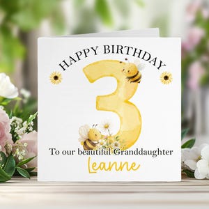 Personalised Bee Birthday Card – Any Age & Relation – Yellow Number Design – 6x6” Square Card with Envelope – Custom Name