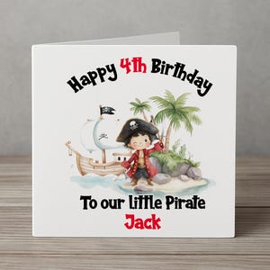 Carte d'anniversaire pirate personnalisée pour garçon - Carte carrée 6 x 6 pouces avec enveloppe - 1er 2e 3e 4e anniversaire - Couleurs vives - Nom personnalisé