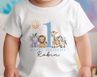 Personalised Safari First Birthday T-shirt, Sleepsuit, Vest or Long Sleeve T-shirt, Blue Text