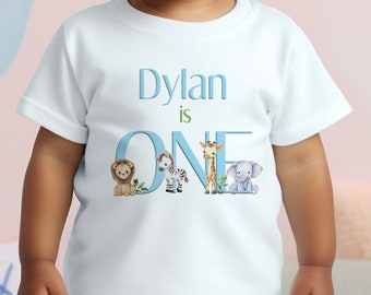 Personalised Safari First Birthday T-shirt, I am One, Sleepsuit, Vest or T-shirt, Baby Blue Text