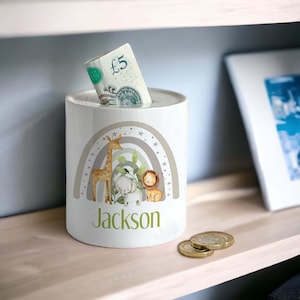 Personalised Ceramic White Money Box Coin Bank - Safari Animal Rainbow, New baby Gift