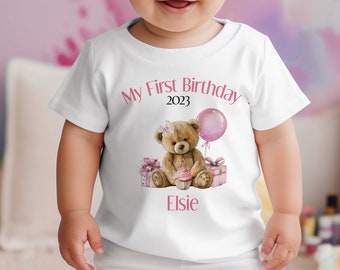 Personalised First Birthday One T-shirt, Sleepsuit and vest, Pink Teddy bear First Birthday Outfit.