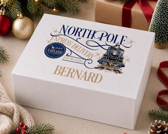 North Pole Express Train Keepsake Box, Personalised Blue Christmas Memory Box, Boys Xmas Eve Gift, Custom Name Magnetic Closure Box