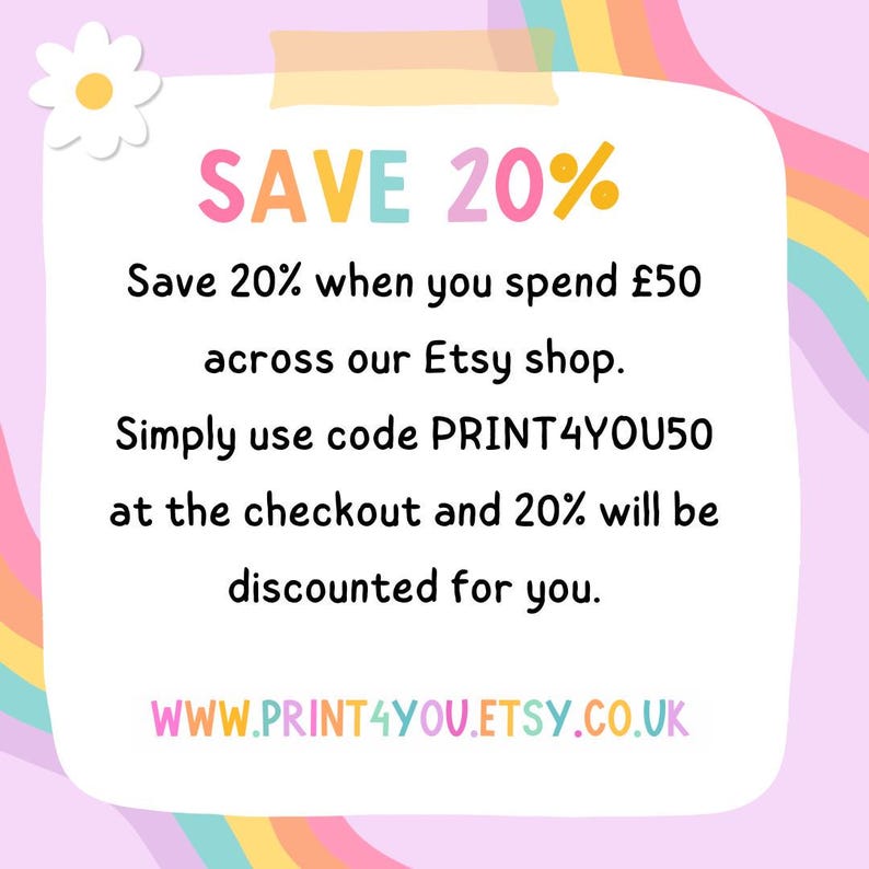 The image is a colorful advertisement for an online shop called "Etsy" that offers a 20% discount on purchases of £50 or more. The text encourages customers to use the code "PRINT4YOU50" at the checkout to receive the discount.