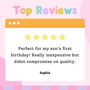The image is a screenshot of a webpage with a review section. The review section contains a rating of 5 stars and a message about a birthday celebration. The review says that the celebration was really inexpensive but didn't compromise on quality. The name "Sophie" is mentioned in the review.