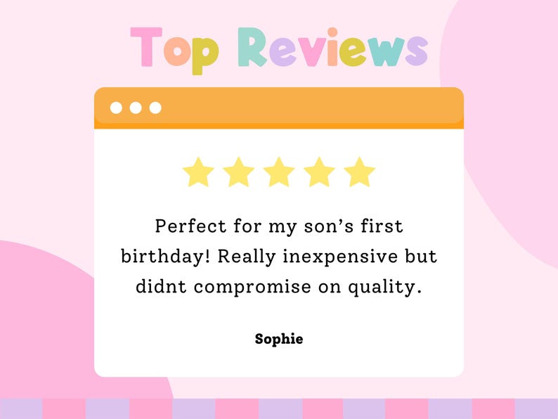 The image is a screenshot of a webpage with a review section. The review section contains a rating of 5 stars and a message about a birthday celebration. The review says that the celebration was really inexpensive but didn't compromise on quality. The name "Sophie" is mentioned in the review.