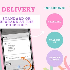 a picture of a cell phone with the text delivery standard or upgrade at the check