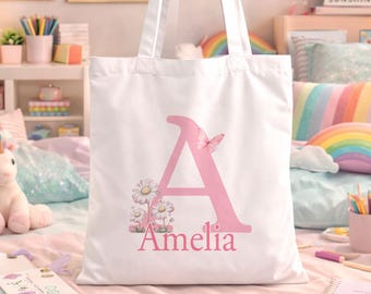 Initial Tote Bag Personalised Girls Name: Pink Floral Butterfly Print - Cotton Canvas, Lightweight, Durable for School and Day Trips