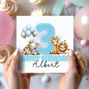Carte d'anniversaire Safari Party personnalisée, carte de premier anniversaire, carré blanc 6 x 6 po., carte pour enfants, carte de voeux pour fils, petit-fils, frère