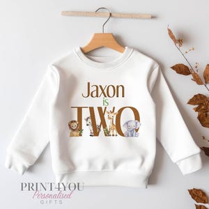 Personalised Second Birthday Jumper, Birthday Sweatshirt for Children, I am Two, Brown Safari Jungle Animals Number 2