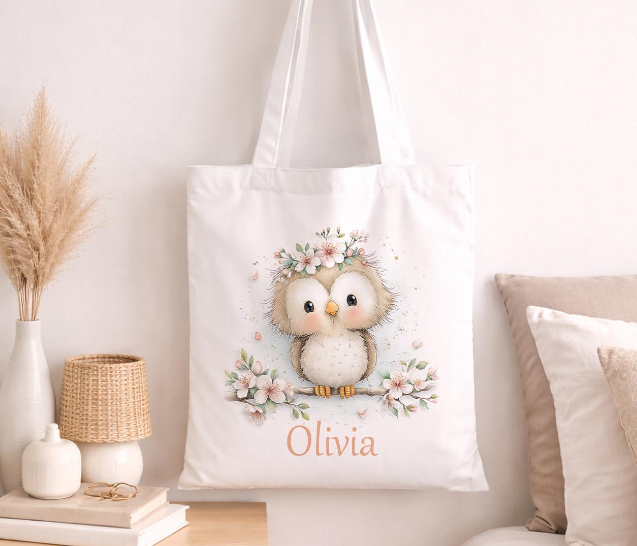 Personalised Owl Tote Bag: Woodland Baby Animal Cotton Nursery Bag (42x38 cm)