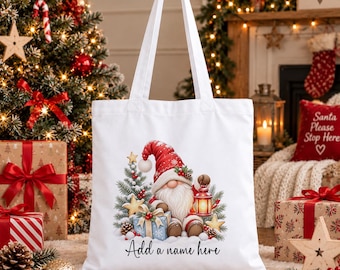 Personalised Gnome Tote Bag, Christmas Eve Bag for Kids, Custom Name Xmas Gift Bag, White Cotton Shopper, Scandi Tomte Christmas Gift Bag
