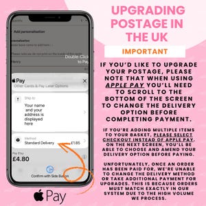 The image is a screenshot of an iPhone screen displaying a mobile payment interface, with a pink background and text instructions for upgrading postage in the UK.