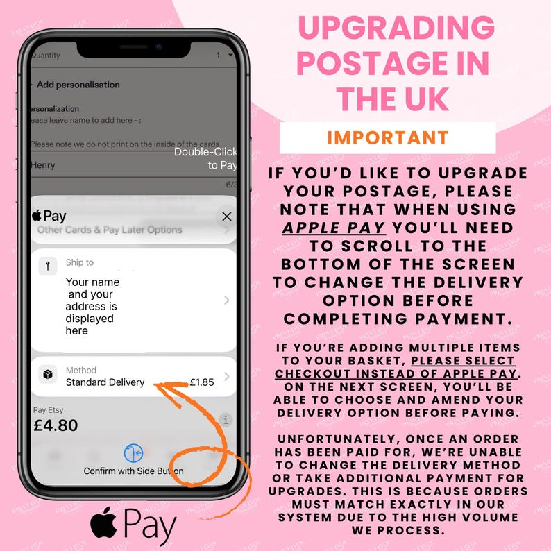 The image is a screenshot of an iPhone screen displaying a mobile payment interface, with a pink background and text instructions for upgrading postage in the UK.