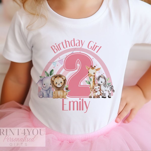 Personalised Safari Jungle Birthday T-Shirt ANY AGE - Cotton White Top, Any Age, Safari Themed Party Top in pink