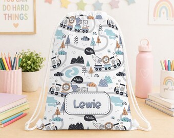 Personalised Animal Train PE Bag, Custom Name Drawstring Bag, Kids School Gym Bag, Nursery Bag, Boys Swim Dance Bag, Back to School