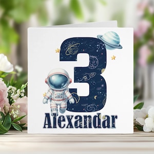 Carte d'anniversaire personnalisée pour astronaute de l'espace, carré blanc 6 x 6 po., carte pour enfants, carte de voeux pour fils, frère, neveu