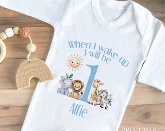 Personalised When I Wake Up I Will Be One Sleepsuit and vest, Blue Safari First Birthday Outfit.