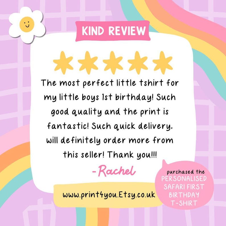 The image is a colorful birthday-themed graphic with a pink and purple background, featuring a white flower, a rainbow, and a speech bubble. The text in the image is a review of a t-shirt, expressing the seller's satisfaction with the quality and quick delivery of the product.