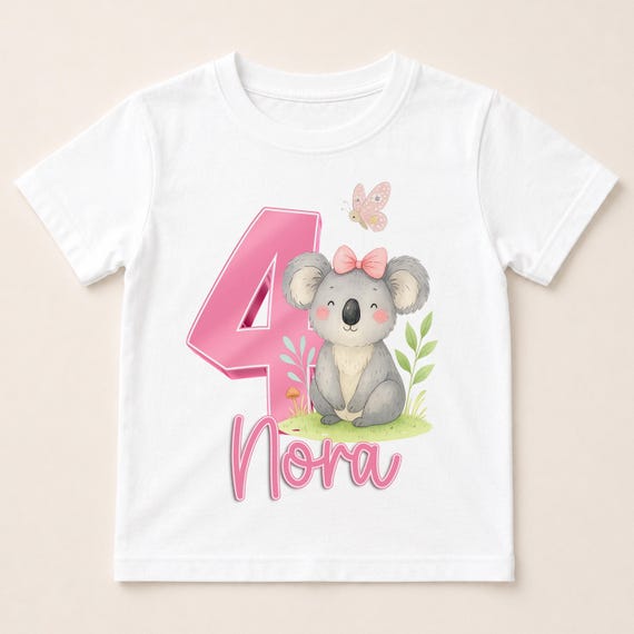 Personalised Koala Birthday T-Shirt for Girls – Any Name & Age – Pink Bow Design – 100% Cotton DTG Printed Tee