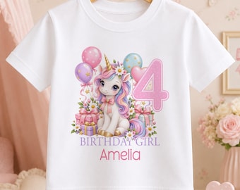 Personalised Unicorn Birthday T Shirt Girl, Any Name Age Number Kids Tee, 1st 2nd 3rd 4th 5th Birthday Girl Top, Unicorn Party Gift