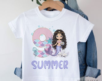 Personalised Mermaid Birthday T-Shirt ANY AGE - Cotton White Top, any number any age, Black Hair mermaid