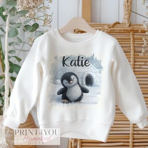Personalised Christmas Jumper For Children.  White Cotton Sweatshirt - Cute Fluffy Penguin